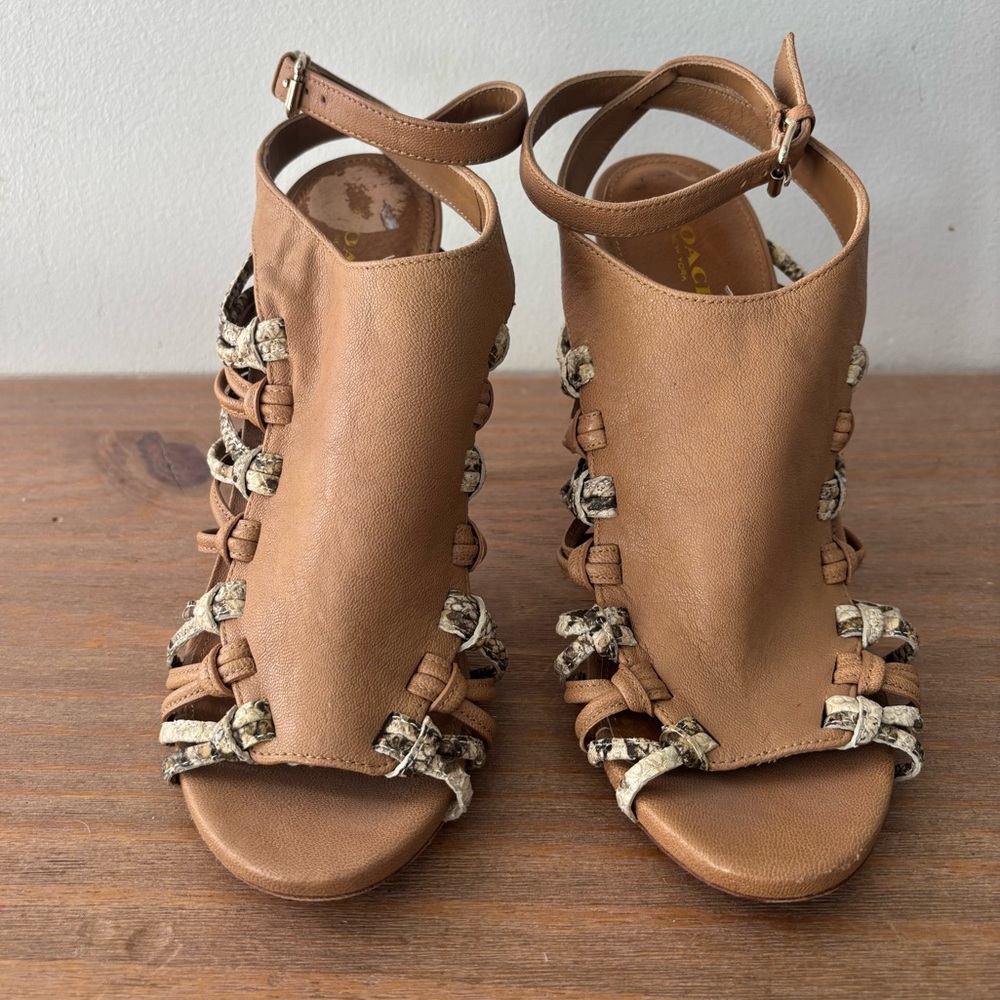 COACH Jody tan brown python snake detail leather sandal heels 8 $268 - Picture 4 of 9